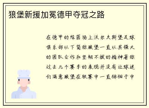 狼堡新援加冕德甲夺冠之路